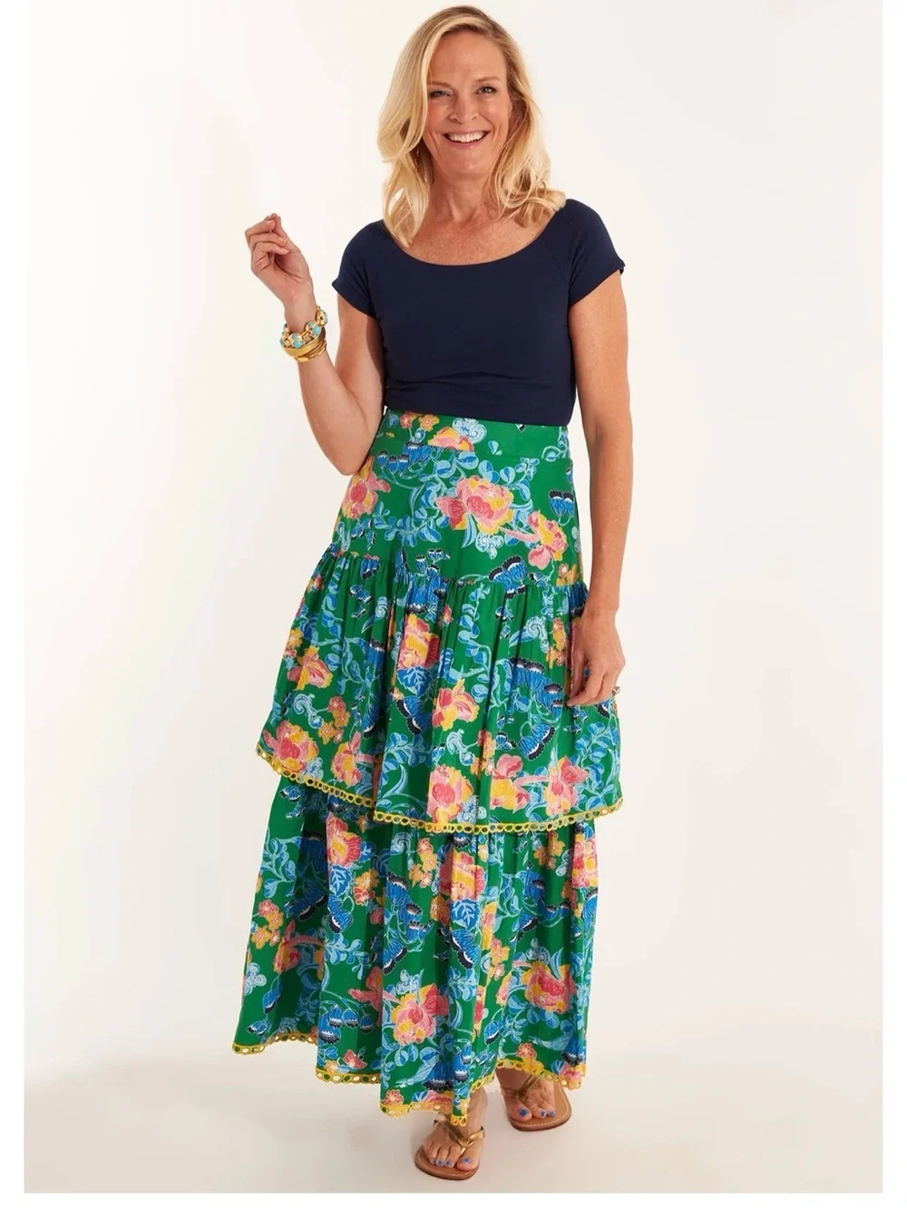 CK BRADLEY Tiered Floral Maxi Skirt in Green